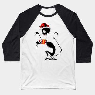 Cat Funny Christmas Santa holding a little Mouse with Gift Baseball T-Shirt